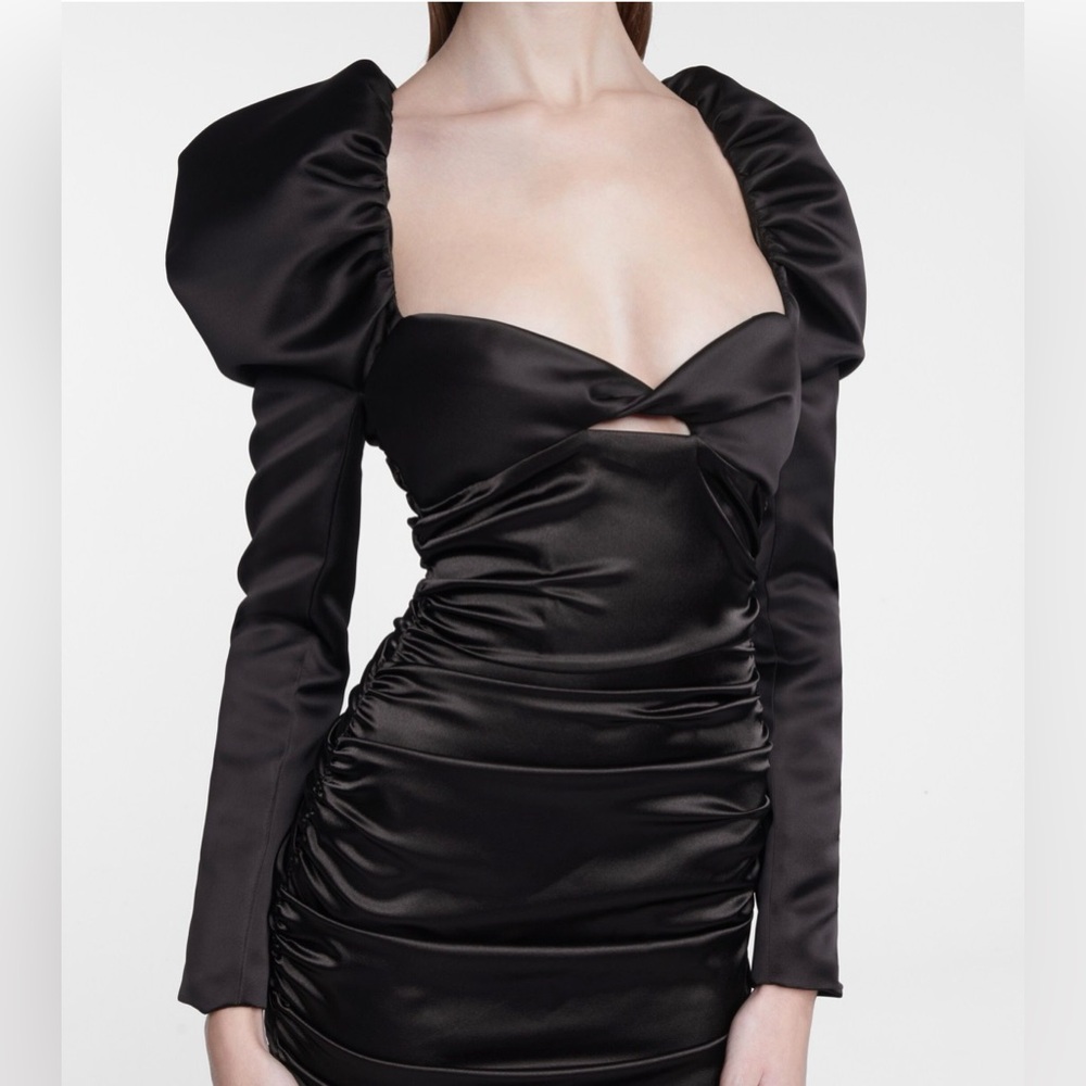 Halpern Gathered Satin Mini Dress with Puff Sleeves FR 38